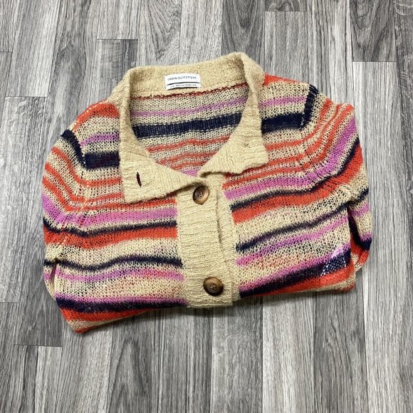 URBAN OUTFITTERS Button Down Round Neck Tan Striped Cardigan Sweater Women's L - Picture 3 of 12